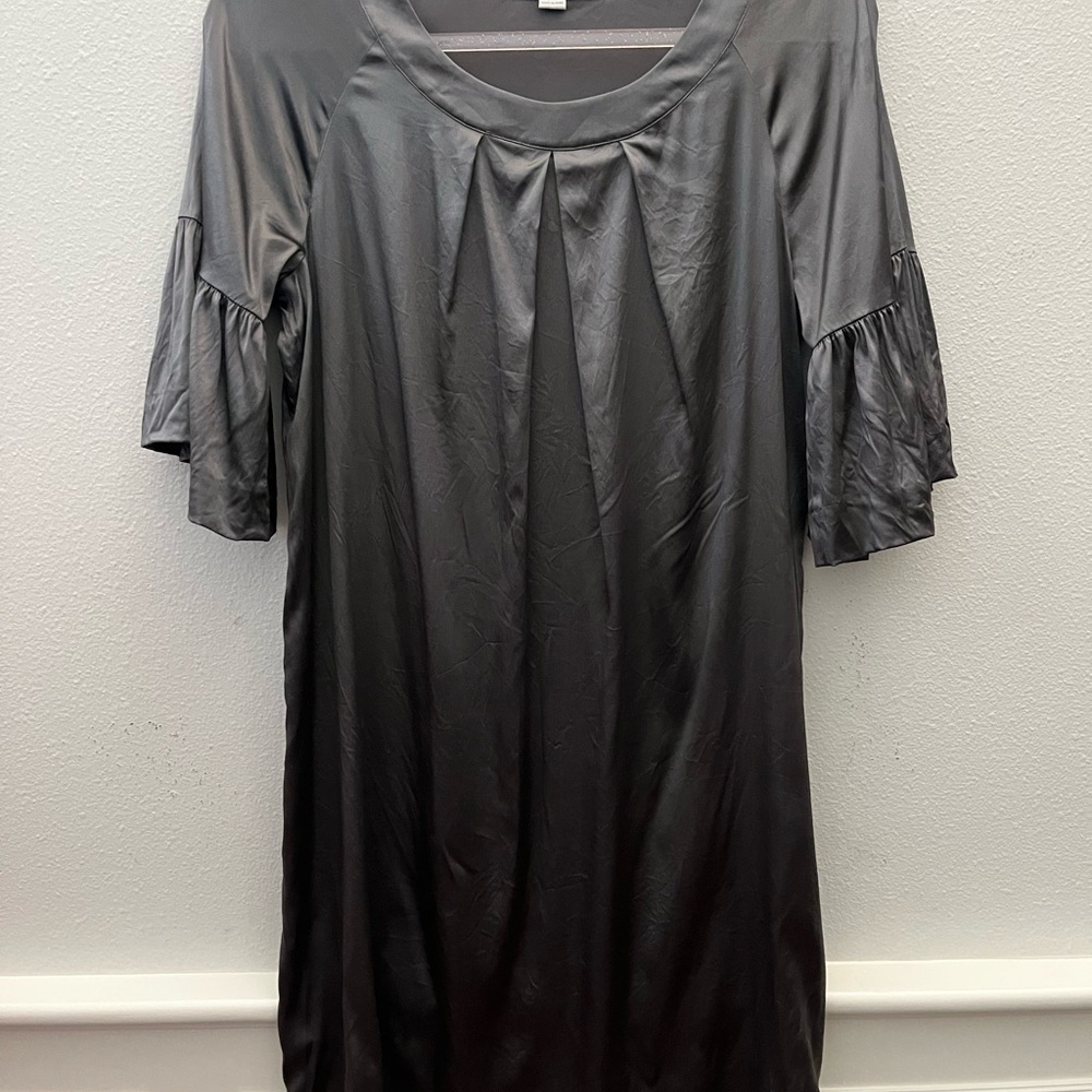 Elegant Dark Gray Silk Dress Size 8 , Ruffle Sleeves